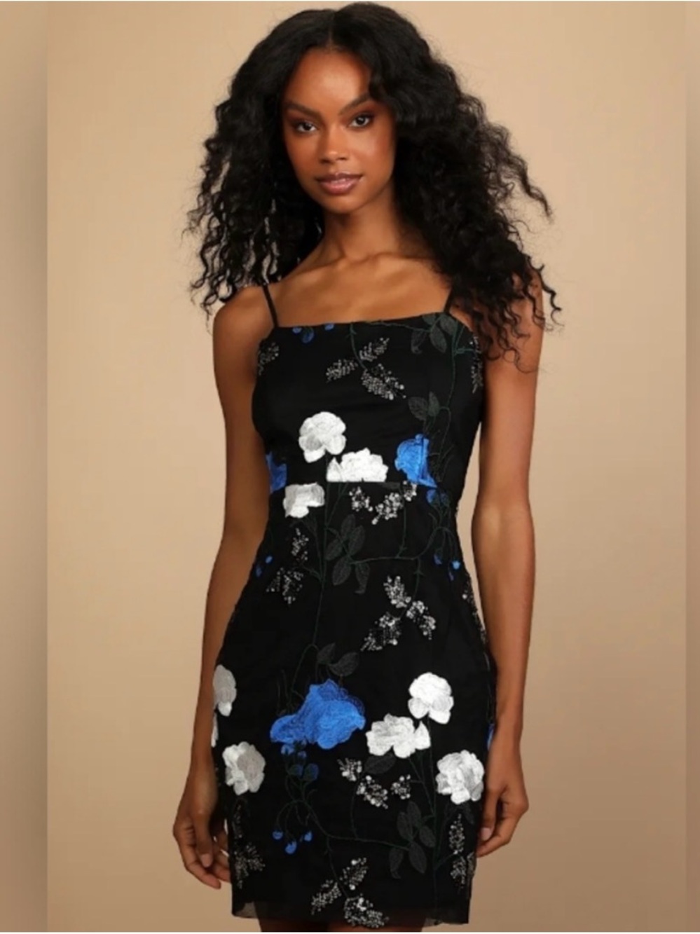 Lulu's Black Mini Dress with Blue & White Floral Embroidery